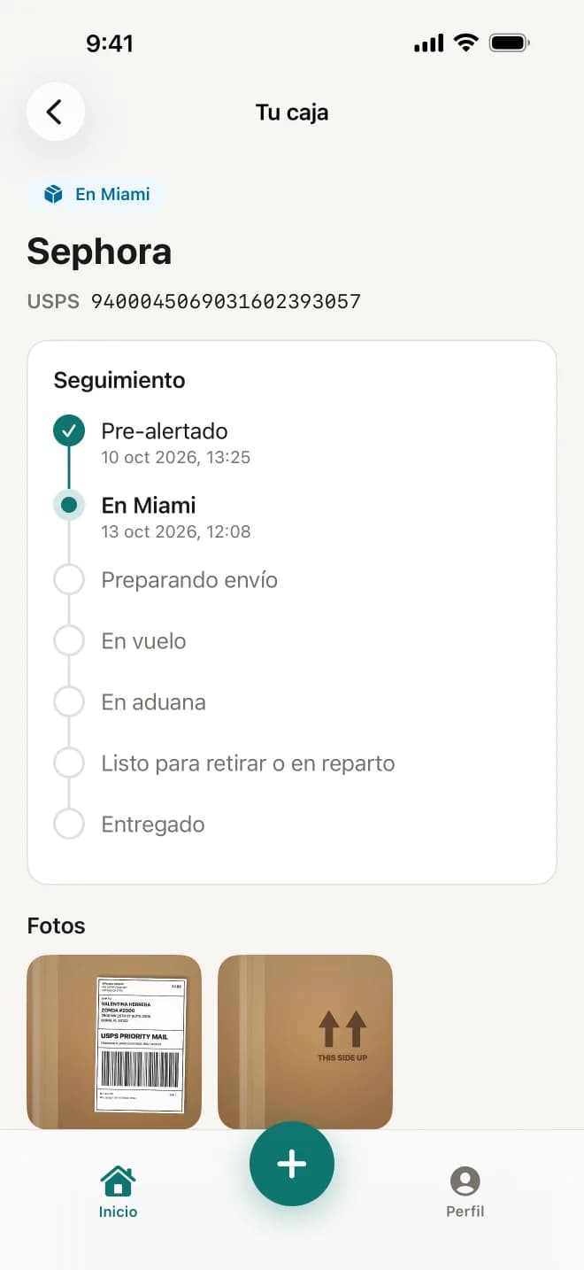 Seguimiento de una caja en la app: pre-alertada, en Miami y los pasos que siguen hasta la entrega.