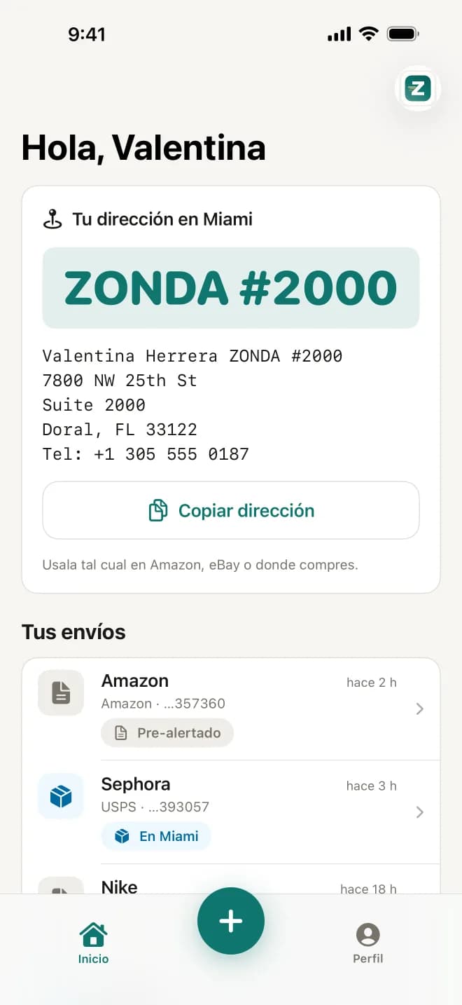 Inicio del cliente en la app: su casillero ZONDA #2000 y su dirección en Miami con el botón Copiar dirección.