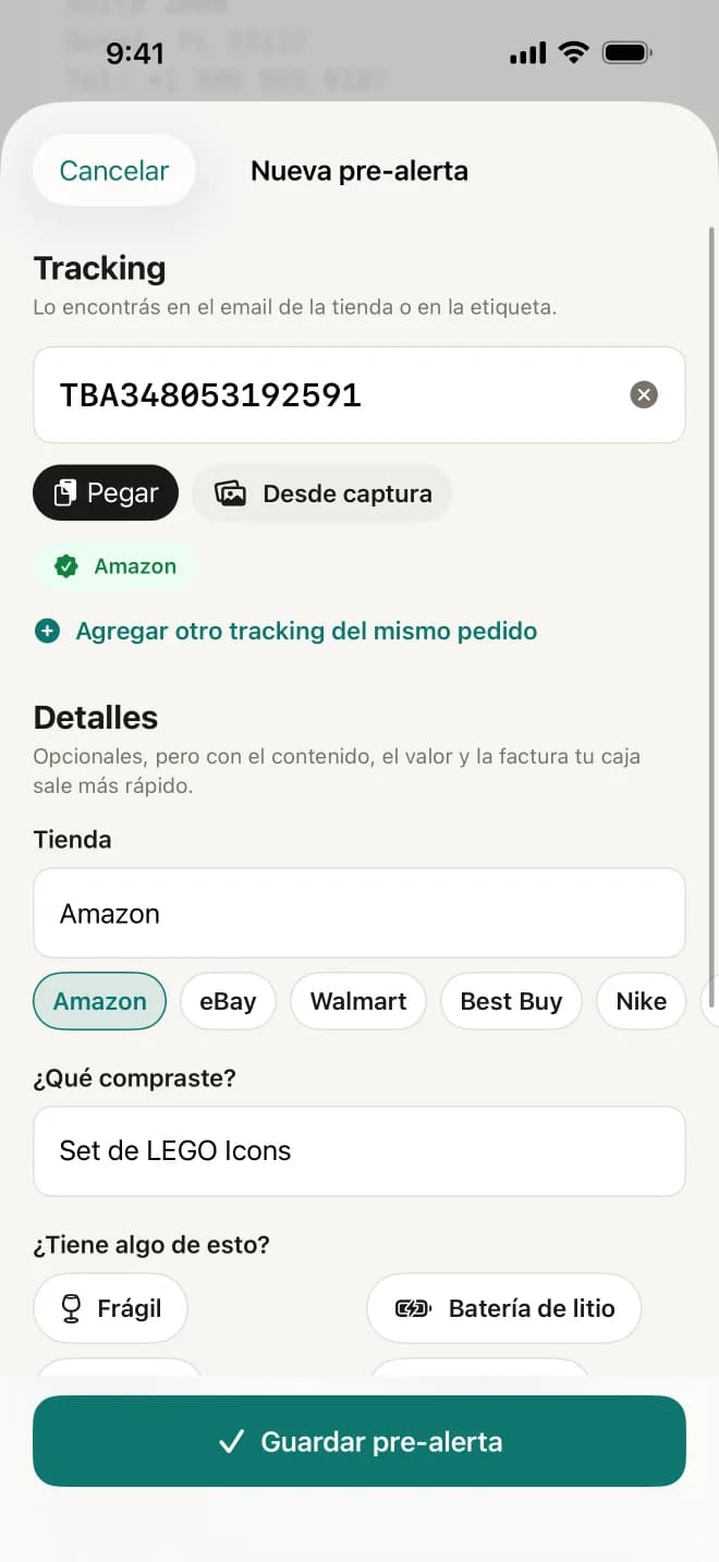 Nueva pre-alerta en la app: tracking pegado con Amazon reconocido, tienda y qué compró.
