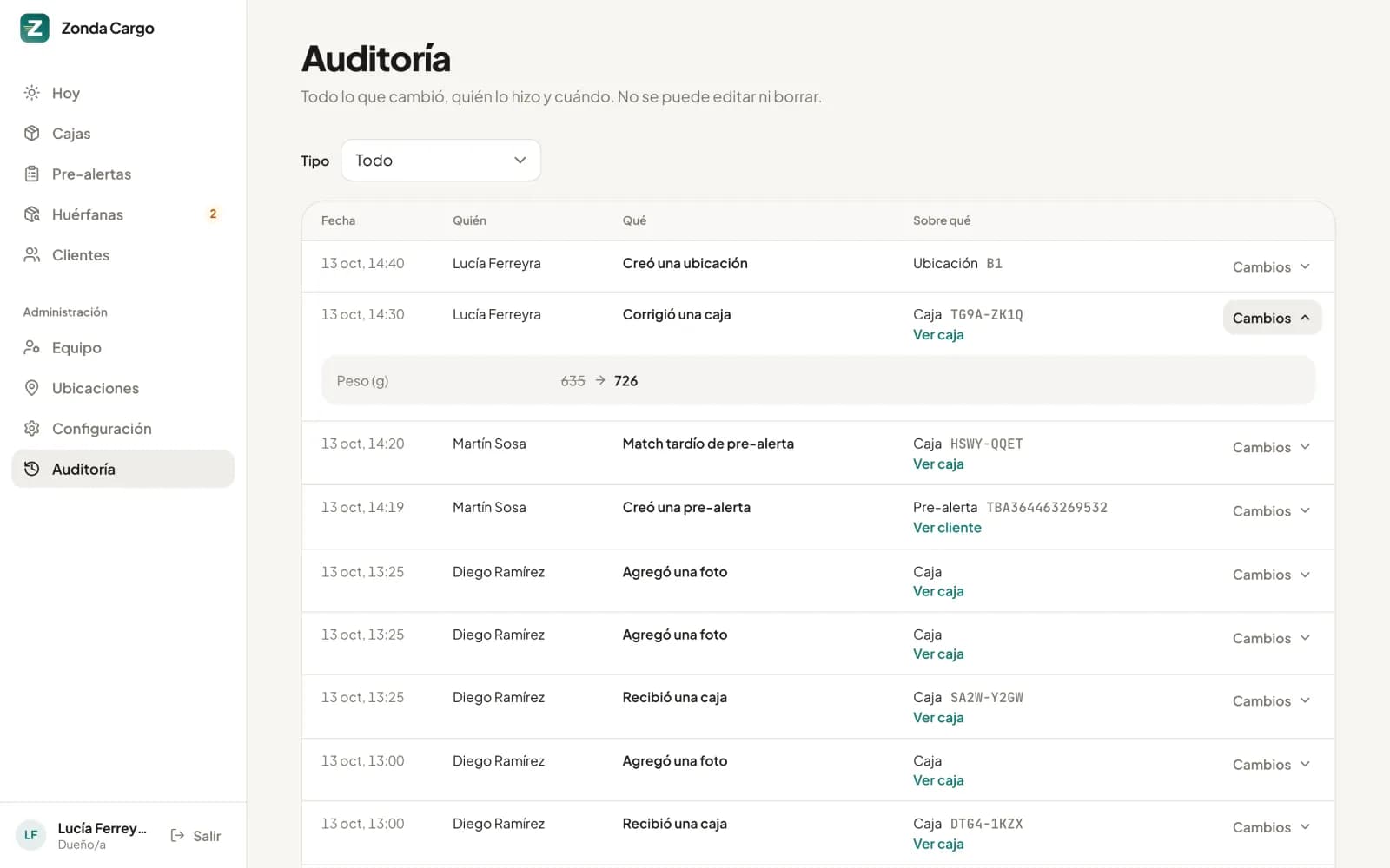La auditoría en la web: quién hizo cada cambio, qué cambió y cuándo, con el detalle de una corrección de peso.